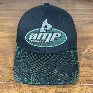 Amp Energy Drink Racing Hat Strapback Cap Black Green Flame Brim Adjustable
